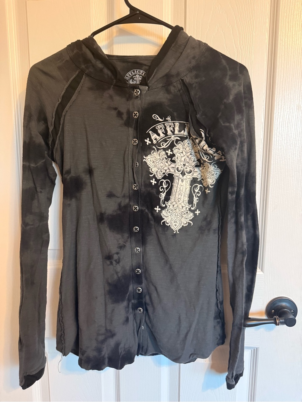 Affliction Y2K Women’s Distressed Cross Thermal Hoodie Top Gray Medium NWOT